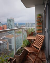 Urban balcony with plants and wooden furniture.
