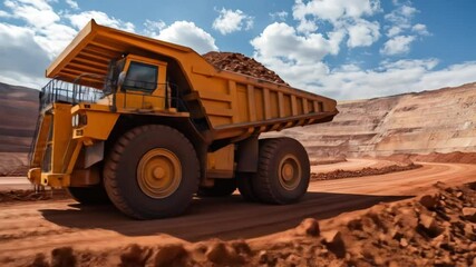 Yellow mining truck on red dirt road in open pit mine