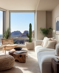 Modern living room with a panoramic mountain view.