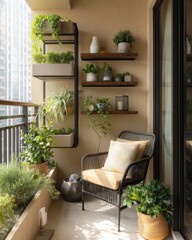 Balcony with potted plants and modern furniture.