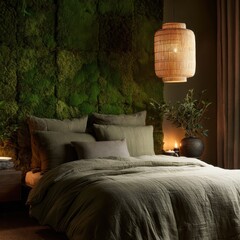 A cozy bedroom with a moss wall and a natural light fixture.