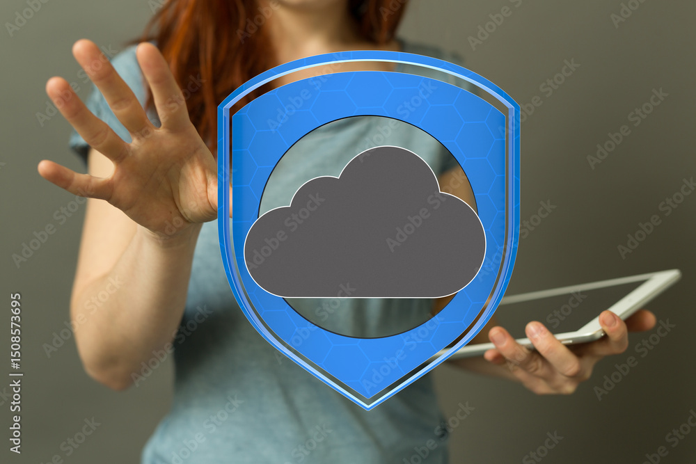 Poster image of a woman protecting cloud data with a digital shield. ideal for cybersecurity, cloud storage
