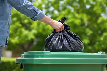 A person disposing of a tied garbage bag into a green trash bin, natural outdoor background, concept of waste management and environmental care. Ai generative
