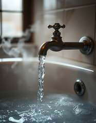 steaming hot water flowing from the faucet into a bubbling bathtub, dinamic scene. with white shades