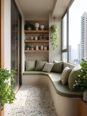 A cozy, plant-filled balcony nook with comfortable seating.