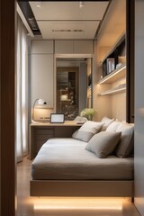 Modern bedroom with integrated workspace.