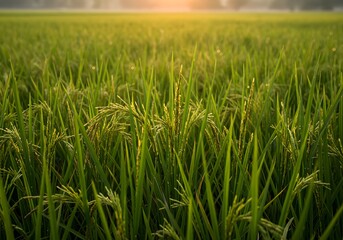 Fototapeta premium Lush Green Rice Paddy Field at Sunrise Agriculture, Farming, Crop, Nature, Environment.