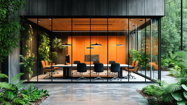 Modern open-plan office with a stylish meeting pod featuring contemporary furniture, glass partitions, and green plants creating a collaborative workspace
