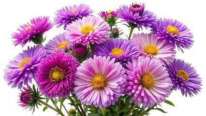 A Beautiful Bouquet of Purple and Pink Asters on a White Background