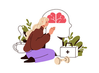 Mental health care. Psychotherapy, mind recovery, psychology concept. Support, aid for emotional healing, psychological self help, treatment. Flat vector illustration isolated on white background.