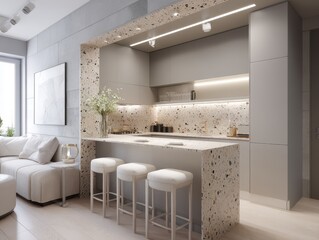 Modern kitchen with a bar area and light neutral tones.