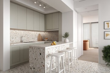 Modern kitchen with a terrazzo island and light gray cabinets.