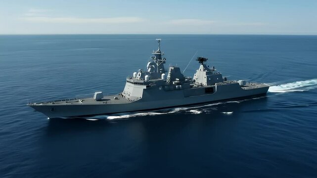High angle view of a military naval vessel sailing on a calm sea on a clear day