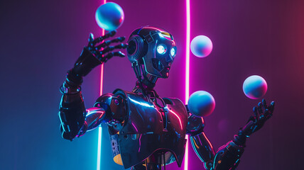 Fototapeta premium This metallic robot juggles glowing spheres, captivating the crowd with its skill and agility.
