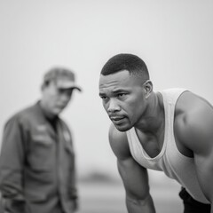 Army fitness test concept, A focused athlete in a tank top prepares for action, with a blurred figure in the background outdoors.