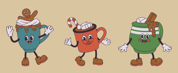 Cute cartoon holiday mugs with festive drinks