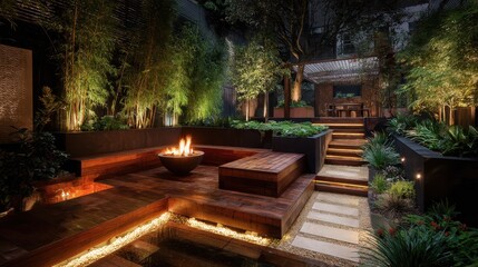 Stylish, modern garden patio at night, featuring warm lighting and wooden decking.