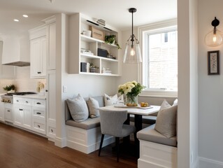 White kitchen nook with built-in seating area.