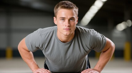 Army fitness test concept, A young man in a grey t-shirt performs a push-up indoors, focusing on fitness and strength training.
