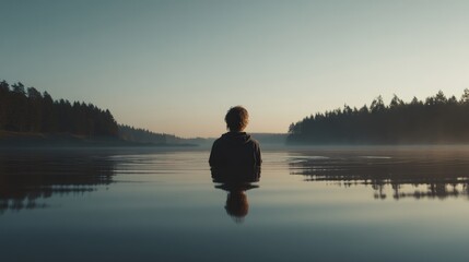Silhouette of a Person by Calm Water Amidst Nature