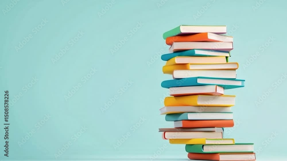 Poster a stack of books with a blue background. the books are of different colors and sizes. concept of kno