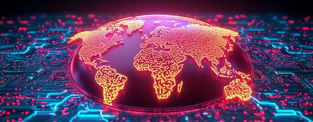 A vibrant, digital representation of the world globe, showcasing neon colors and a high-tech background, symbolizing innovation and connectivity.
