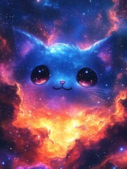 A whimsical cat with a cosmic twist, featuring vibrant colors and a starry background, capturing a magical and playful spirit of the universe.