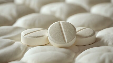 Close-up view of white tablets on a soft surface, exemplifying health, medication, and pharmaceutical themes. Ideal for wellness and medical-related content.