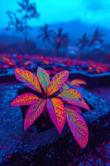 Vibrant leaves bask in a cool blue light, showcasing intricate patterns and colors as nature's artistry unfolds in a serene, mystical environment.
