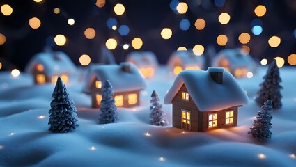 Festive Winter Village Scene with Snow Covered Houses and Glowing Lights