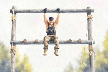 Army fitness test concept, A soldier in uniform hangs from a wooden obstacle course bar, demonstrating strength and endurance outdoors.