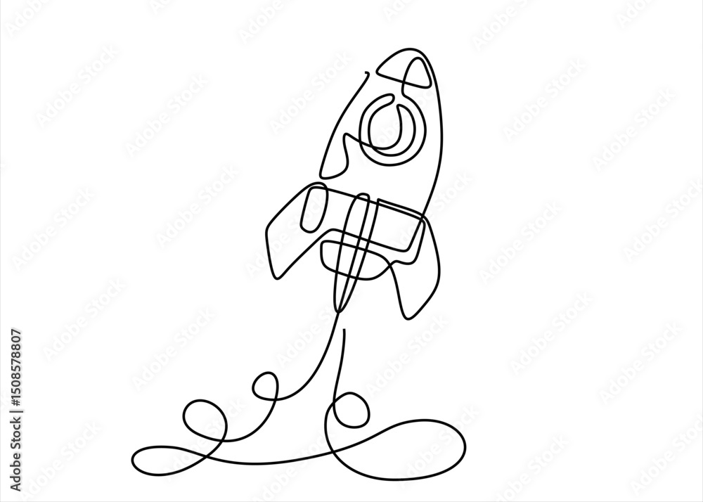 Poster hand drawn one line vector. rocket space ship launch into universe concept. one continuous line draw