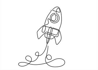 Hand drawn one line vector. Rocket space ship launch into universe concept. One continuous line drawing of simple retro spacecraft flying up to the outer space nebula. Editable stroke.