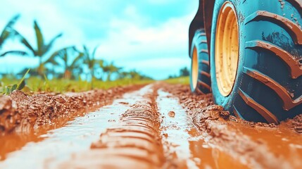 A low-angle view of a tractor tire on a muddy path, surrounded by lush greenery and palm trees under a blue sky, showcasing rural transport and agriculture.