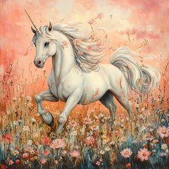 A majestic white unicorn gallops through a vibrant field of flowers, showcasing its elegance and beauty under a pastel sky.