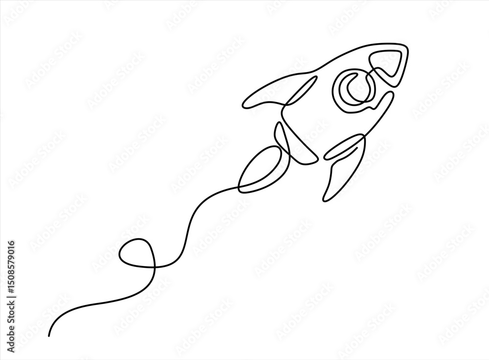 Poster hand drawn one line vector. rocket space ship launch into universe concept. one continuous line draw