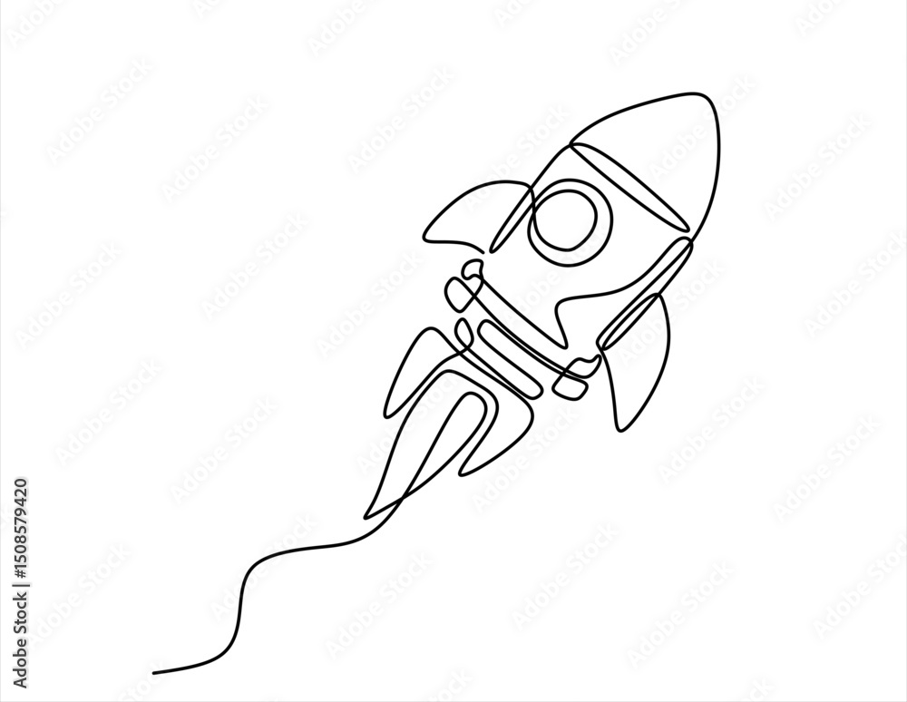 Poster hand drawn one line vector. rocket space ship launch into universe concept. one continuous line draw