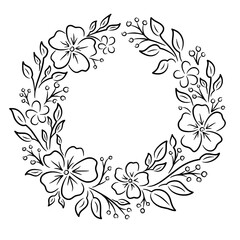 Outline floral wreath in hand-drawn style
