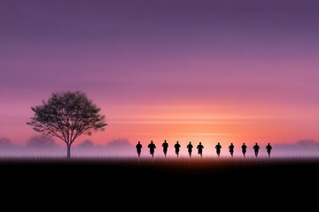 Army fitness test concept, A group of people jog at sunrise beside a lone tree, silhouetted against a colorful, misty horizon.