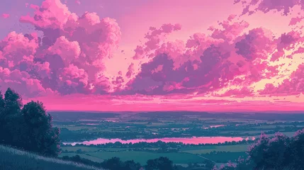 Fototapeten Dawn's pinkhued sky over serene landscape nature photography tranquil environment scenic viewpoint © สมเจตน์ หนูแก้ว