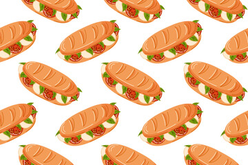 Baguette sandwich seamless pattern with fresh tomatoes, mozzarella cheese and basil leaf in flat style. Design for breakfast menu, grocery and kitchen wallpaper.