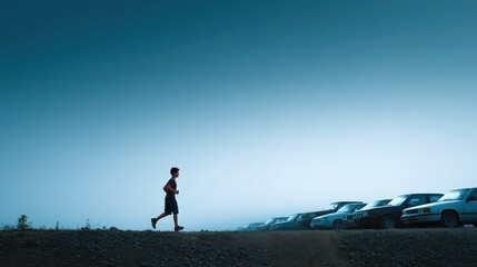 Army fitness test concept, A person jogs along a gravel path beside a row of parked cars under a clear blue sky.