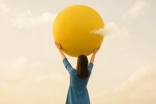 Woman holding a large yellow sphare - the sun - into the cloudy sky