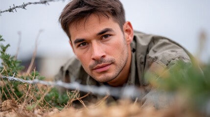 Army fitness test concept, A man in military attire lies close to the ground behind barbed wire, focusing intently ahead in an outdoor setting.