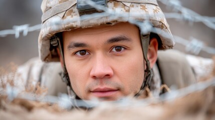 Army fitness test concept, A soldier in camouflage gear looks intently through barbed wire, suggesting vigilance and readiness in a tense environment.