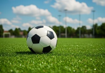 Fototapeta premium Soccer Ball on a Green Field with Blue Sky and Clouds. Football, Sport Concept, Outdoor.