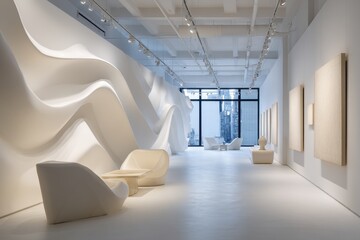 Modern gallery interior with smooth, curved walls and minimalist furnishings.
