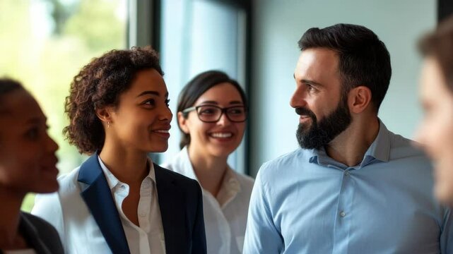 Smiling group of people engaged in a business meeting, with diverse participants representing different roles and departments.