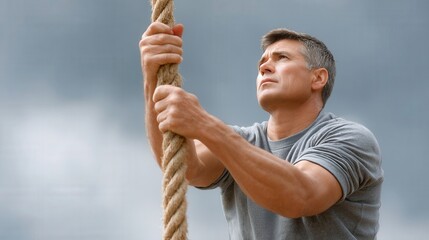 Army fitness test concept, A man in a gray shirt climbs a rope outdoors, looking focused and determined against a cloudy sky.
