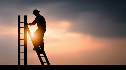 Army fitness test concept, A person climbs a ladder against a dramatic sunset sky, silhouetted in the evening light.